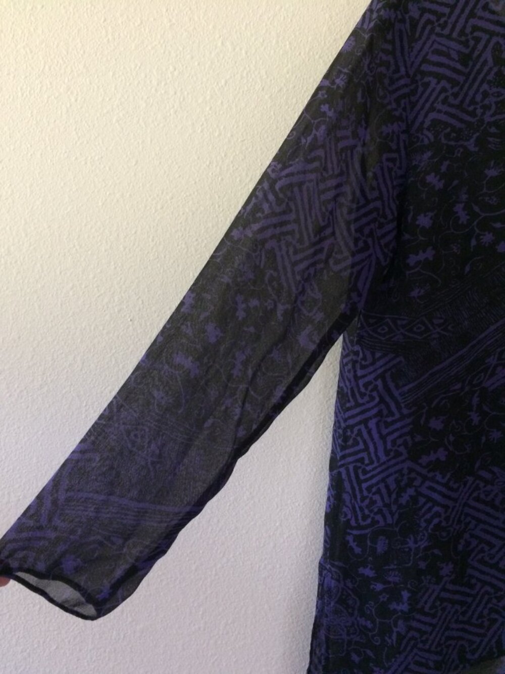 Chico’s Black and Purple Long Sleeve Sheer Silk Asymmetrical Top - Picture 3 of 16